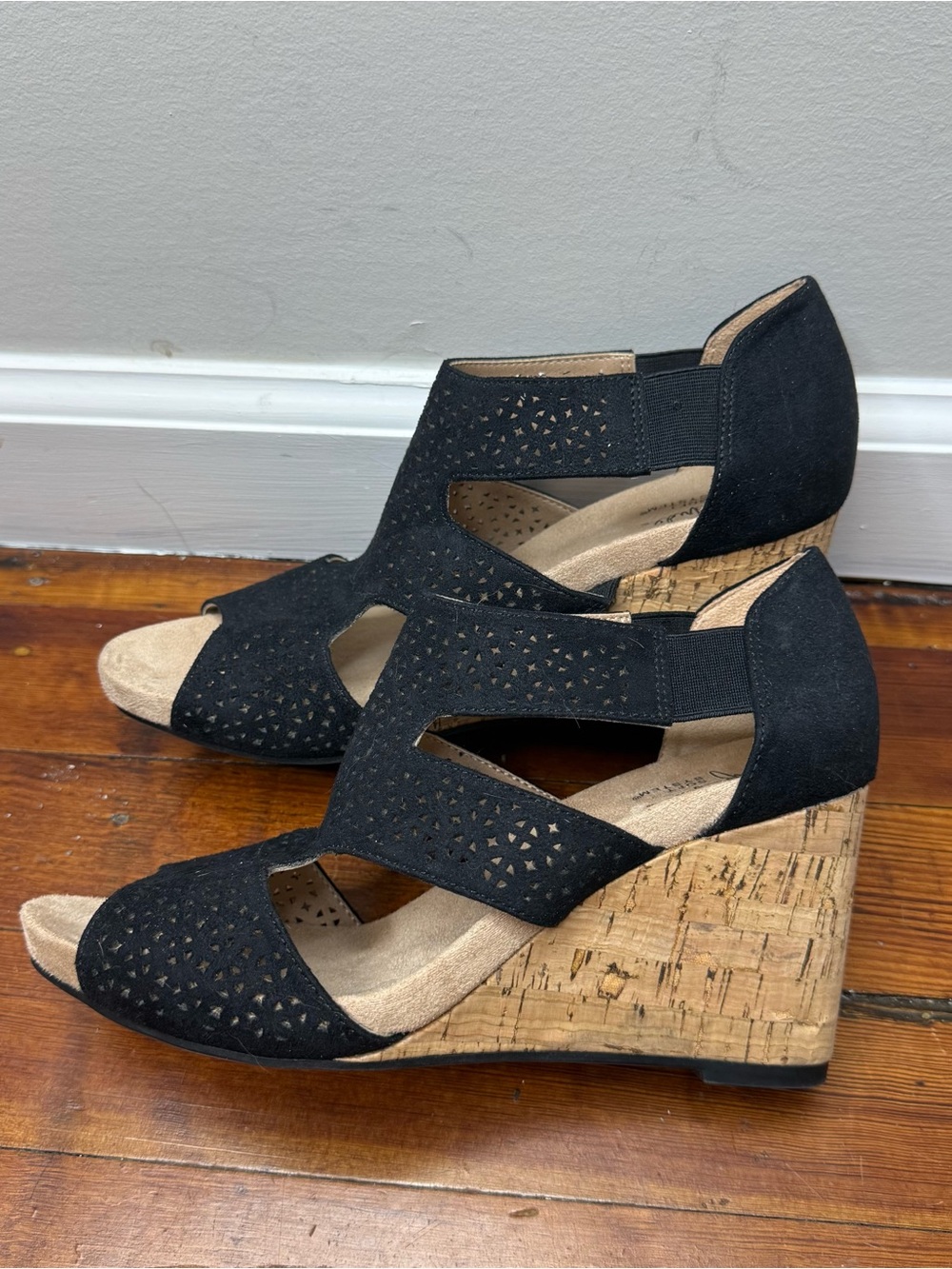 Life Stride Black Laser-Cut Cork Wedges